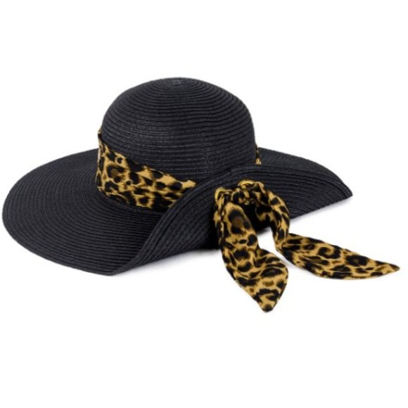 NWT Adrienne Vittadini Straw Leopard Ribbon Floppy Wide Brim Hat Black - Picture 2 of 2
